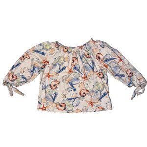 Chaps Denim Sea Shells & Starfish 3/4 Sleeve Top - M Scrunch Neck Nautical